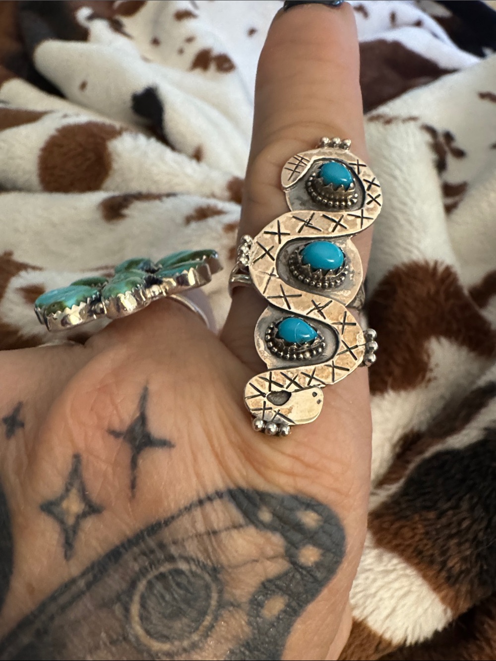 Native made 925 silver and turquoise double head snake ring